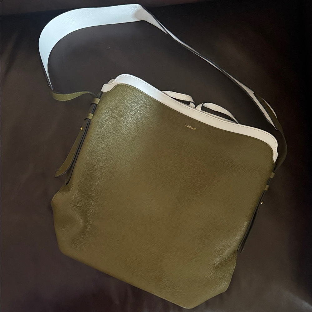 Minimal Olive Green Leather Shoulder Bag with White Trim